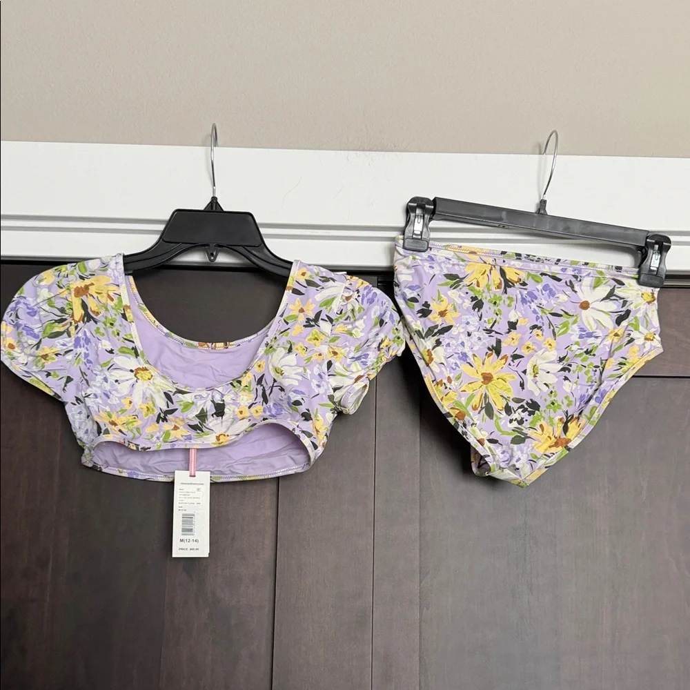 Vineyard Vines Girls Puff-Sleeve Two-piece Swimsuit in Floral Iris Medium 12/14